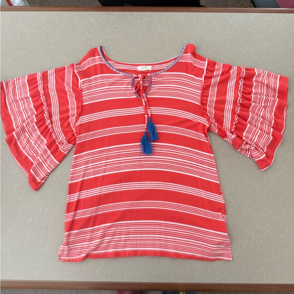 Cupid Coral and White Striped T-shirt with Blue Tassel Tie